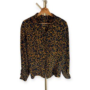 Vintage Jones NY 100% Silk Abstract Print Blouse Long Sleeve Women 10 Made in KR